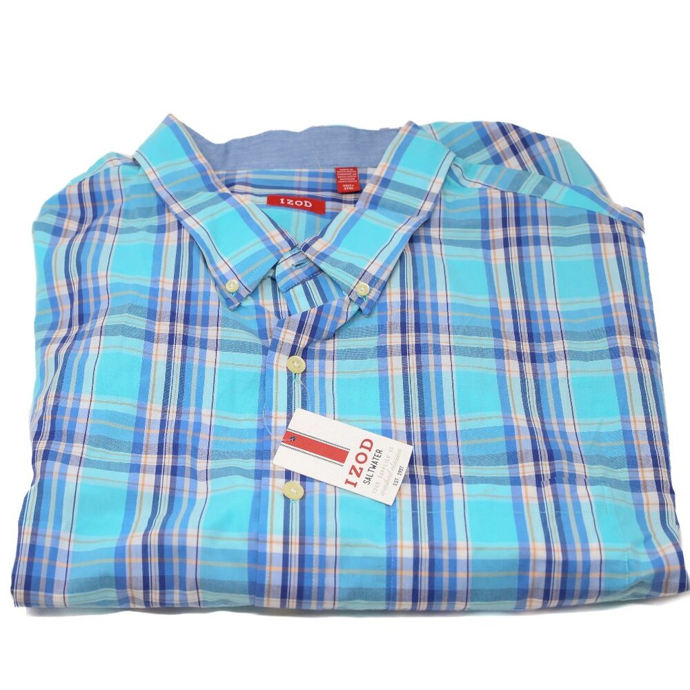 IZOD Saltwater Blue Plaid Button Up Shirt Mens Size 3XLT TALL Short Sleeve NWT